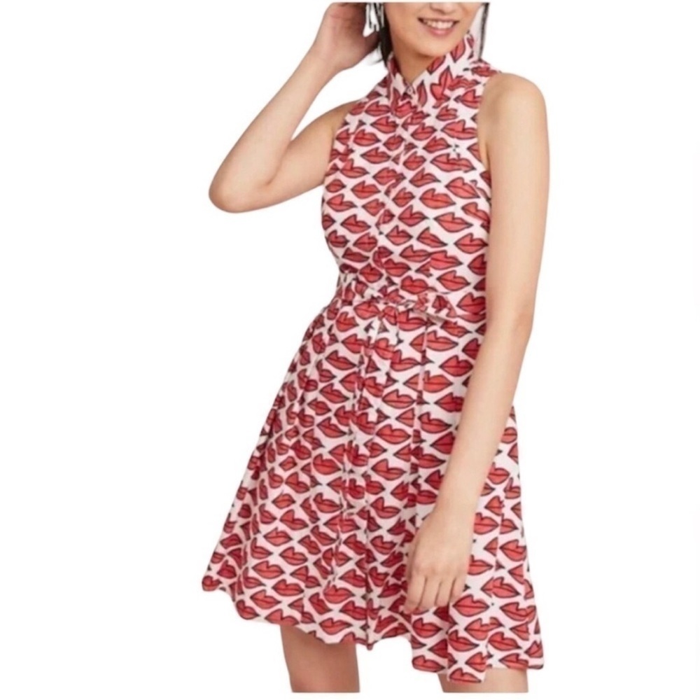 Ann Howell Bullard X Anthropologie Smooched Lip Print Button Down Shirt Dress 8
